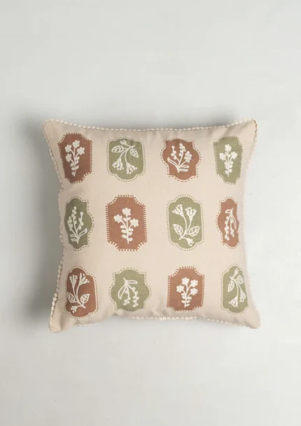 Yellow Dwelling Stamps Embroidered Floral Motif 100% Cotton Cushion Cover for Sofa - Green and Rust — view 2