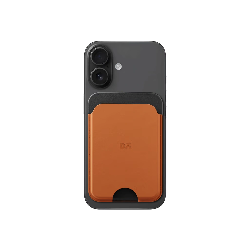Tan-Grey-Leather-MagSafe-Card-Wallet Tan-Grey Leather MagSafe Card Wallet attached to the back of a black iPhone, shown on white