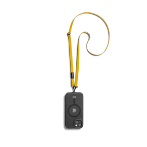 Yellow Leatherite Crossbody Phone Lanyard - Strap attached to a black phone case, shown hanging against a white background