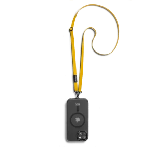 Yellow Leatherite Crossbody Phone Lanyard - Strap attached to a black phone case, shown hanging against a white background