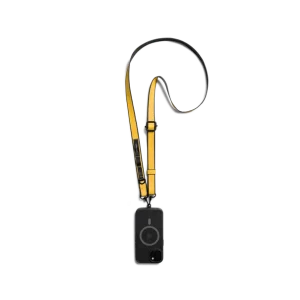 Yellow Strobe Lanyards attached to a black phone case, shown hanging against a white background