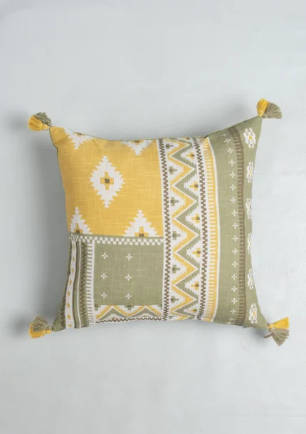 Yellow Dwelling Zenith 100% cotton Printed Geometric Cushion Cover with Tassel for Sofa - Yellow — view 2