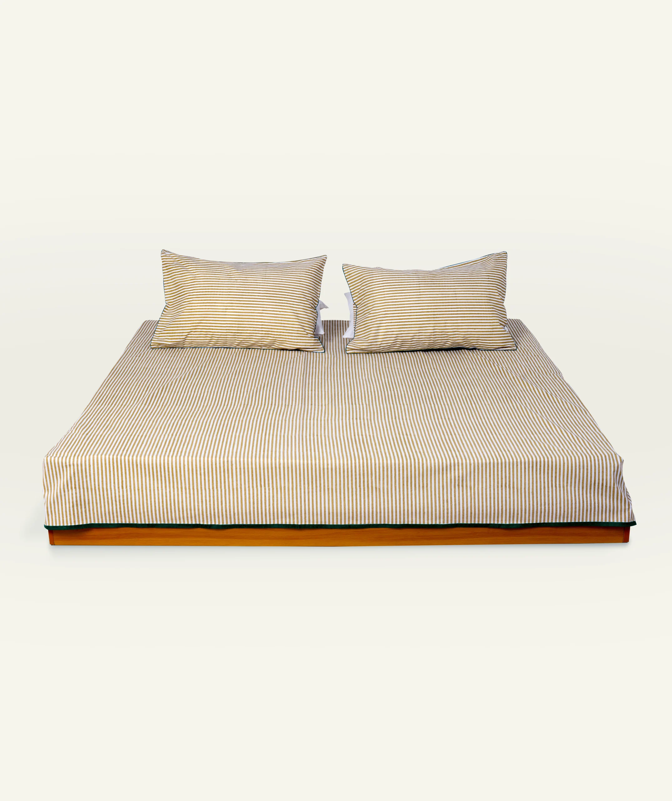 Wheat Beige with Pearl Green Silent Stripes Flat Bedsheet - Image 1