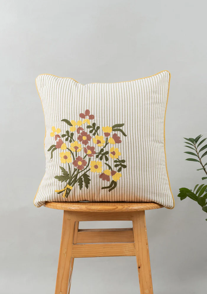 Yellow Dwelling Floret Embroidered Floral 100% Cotton Cushion Cover for Sofa - Multicolor Yellow Dwelling Floret Embroidered Floral 100% Cotton Cushion Cover for Sofa - Multicolor