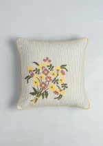 Yellow Dwelling Floret Embroidered Floral 100% Cotton Cushion Cover for Sofa - Multicolor