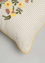 Yellow Dwelling Floret Embroidered Floral 100% Cotton Cushion Cover for Sofa - Multicolor