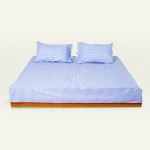 Dreamy Blue with Candy Red Silent Stripes Flat Bedsheet shown made up on a low wooden platform bed with two matching pillows