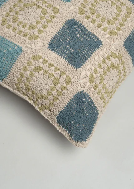 Yellow Dwelling Prism Crochet Geometric Fusion Cushion Cover 100% Cotton - Blue — view 2
