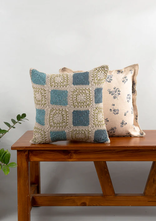 Yellow Dwelling Prism Crochet Geometric Fusion Cushion Cover 100% Cotton - Blue — view 5