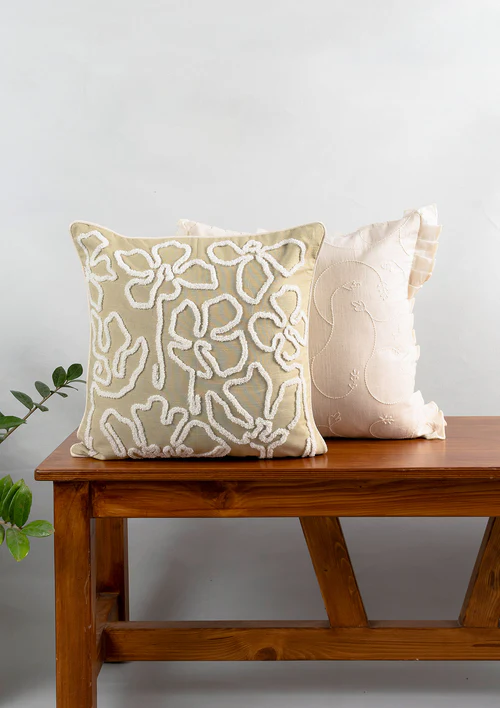 Yellow Dwelling Stella Embroidered Flower Pattern 100% Cotton Cushion Cover for Sofa - Herb Green — view 5