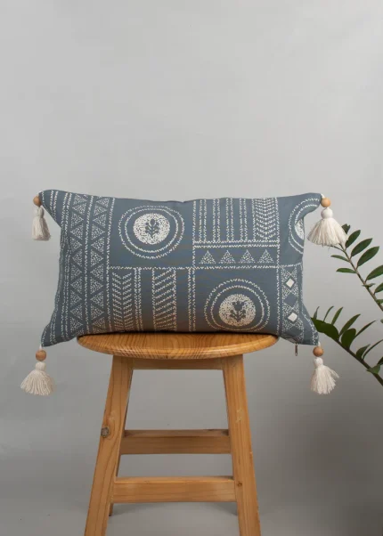 Cosmos Printed 100% Cotton Floral-Geometric Design Cushion Cover for Sofa - Blue by Yellow Dwelling, styled on a light wood stool against a pale wall