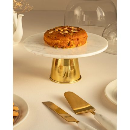 Marble Brass Cake Stand with Knife and Server Set