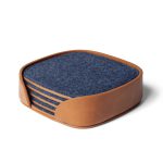 Squircle Felt Coaster Set Blue with blue felt face and vegan leather holding tray on desk