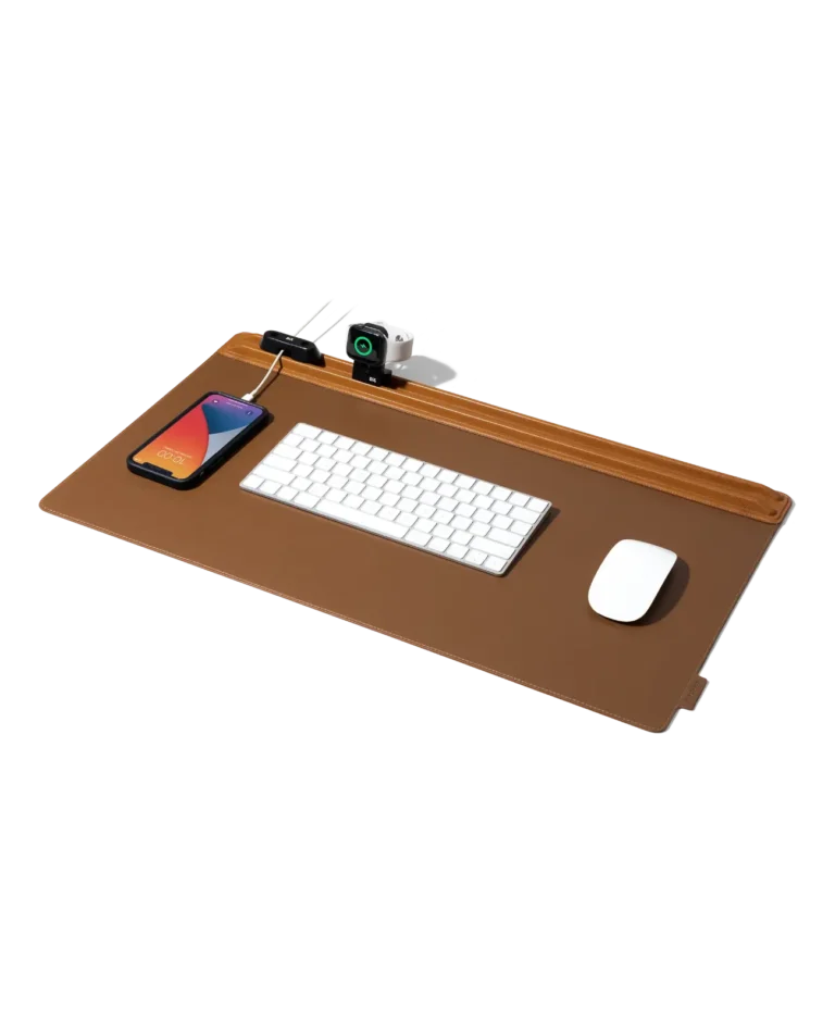 Tan-Brown Snap On Organiser Desk Mat with Cable Holder + Apple Watch Charging Stand