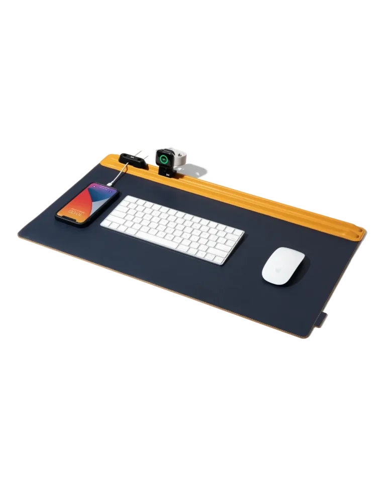 Mustard-Blue Snap On Organiser Desk Mat with Cable Holder + Apple Watch Charging Stand