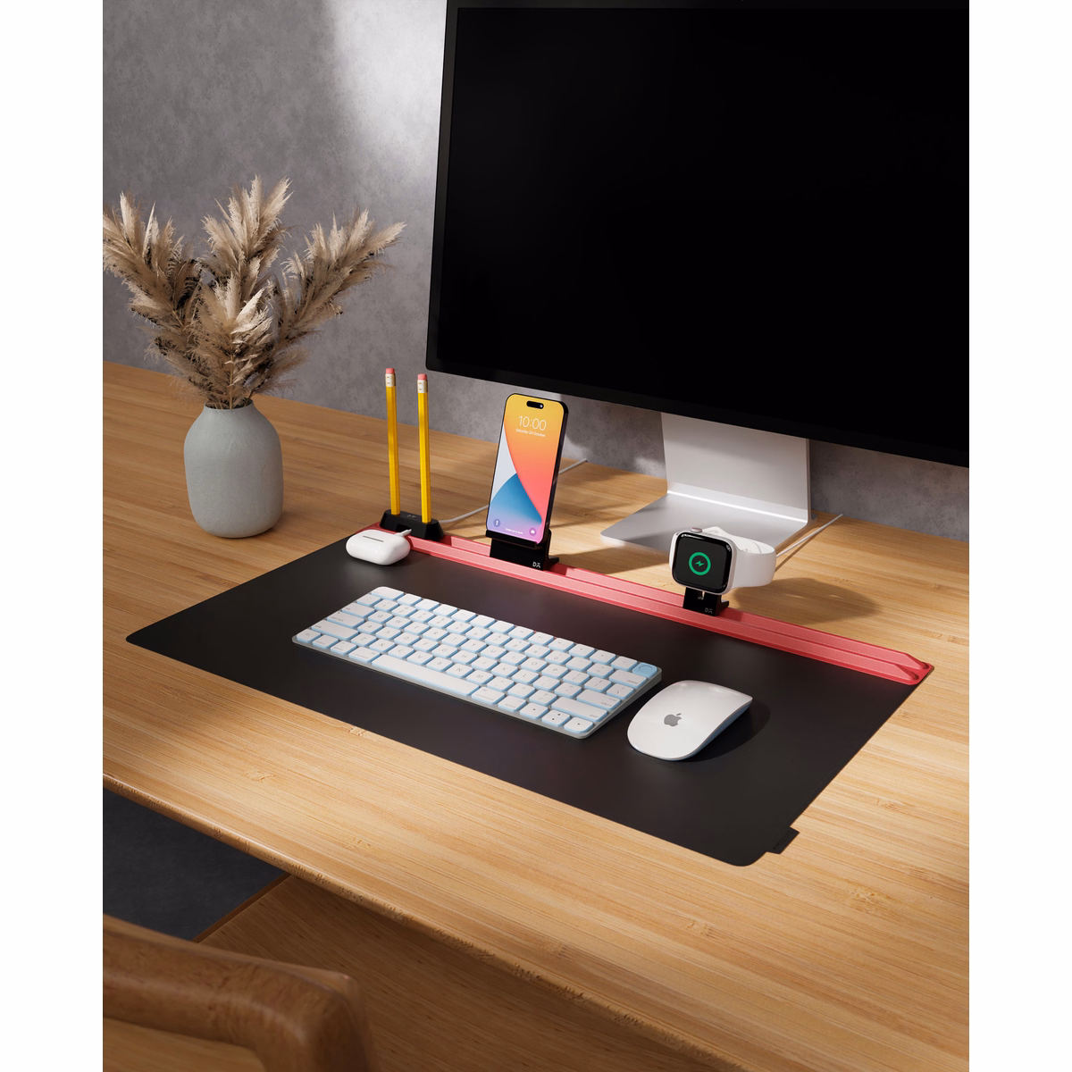 Red-Black Snap On Organiser Desk Mat with Cable Holder + Phone Mount + Apple Watch Charging Stand in Black – Angled view of desk mat with laptop and mouse Lifestyle Photo | KlippiK