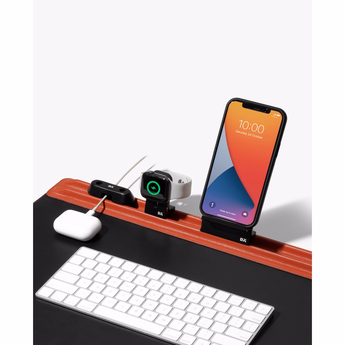 Red-Black Snap On Organiser Desk Mat with Cable Holder + Phone Mount + Apple Watch Charging Stand in Black – Close-up Mat with Tech Accessories | KlippiK