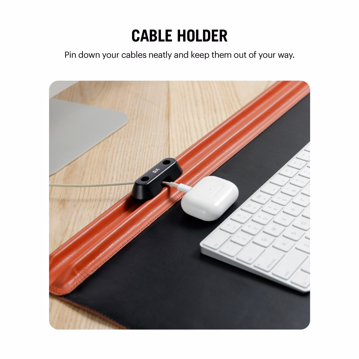 Red-Black Snap On Organiser Desk Mat with Cable Holder + Phone Mount + Apple Watch Charging Stand in Black – Angled view of Cable Holder and Accessories | KlippiK