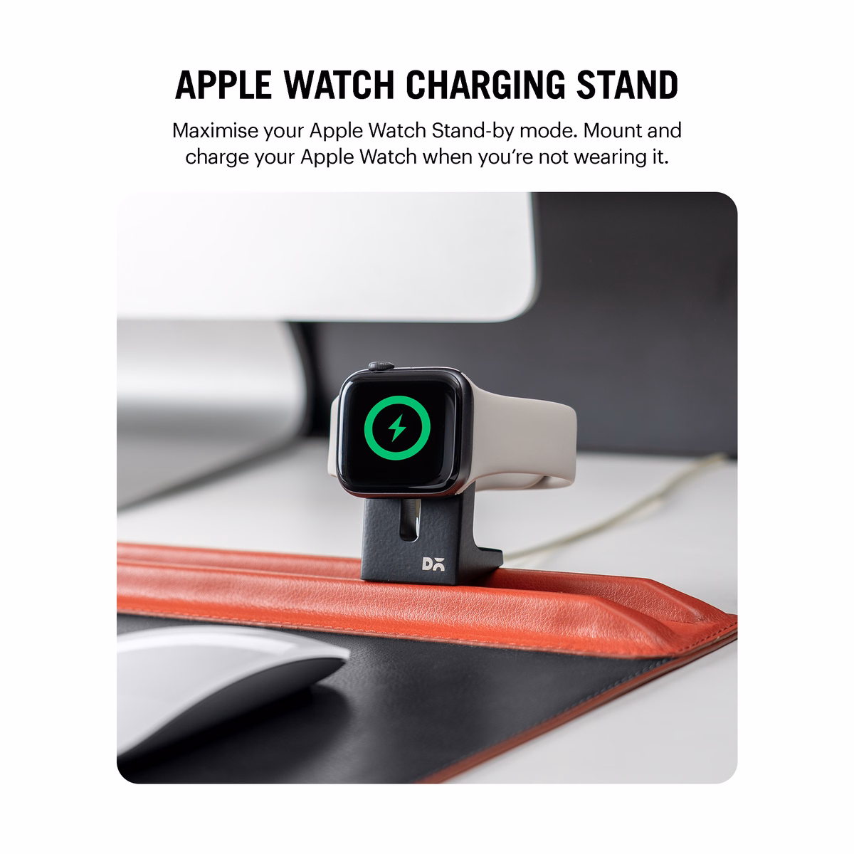 Red-Black Snap On Organiser Desk Mat with Cable Holder + Phone Mount + Apple Watch Charging Stand in Black – Front View of Apple Watch Charging Stand in Black | KlippiK