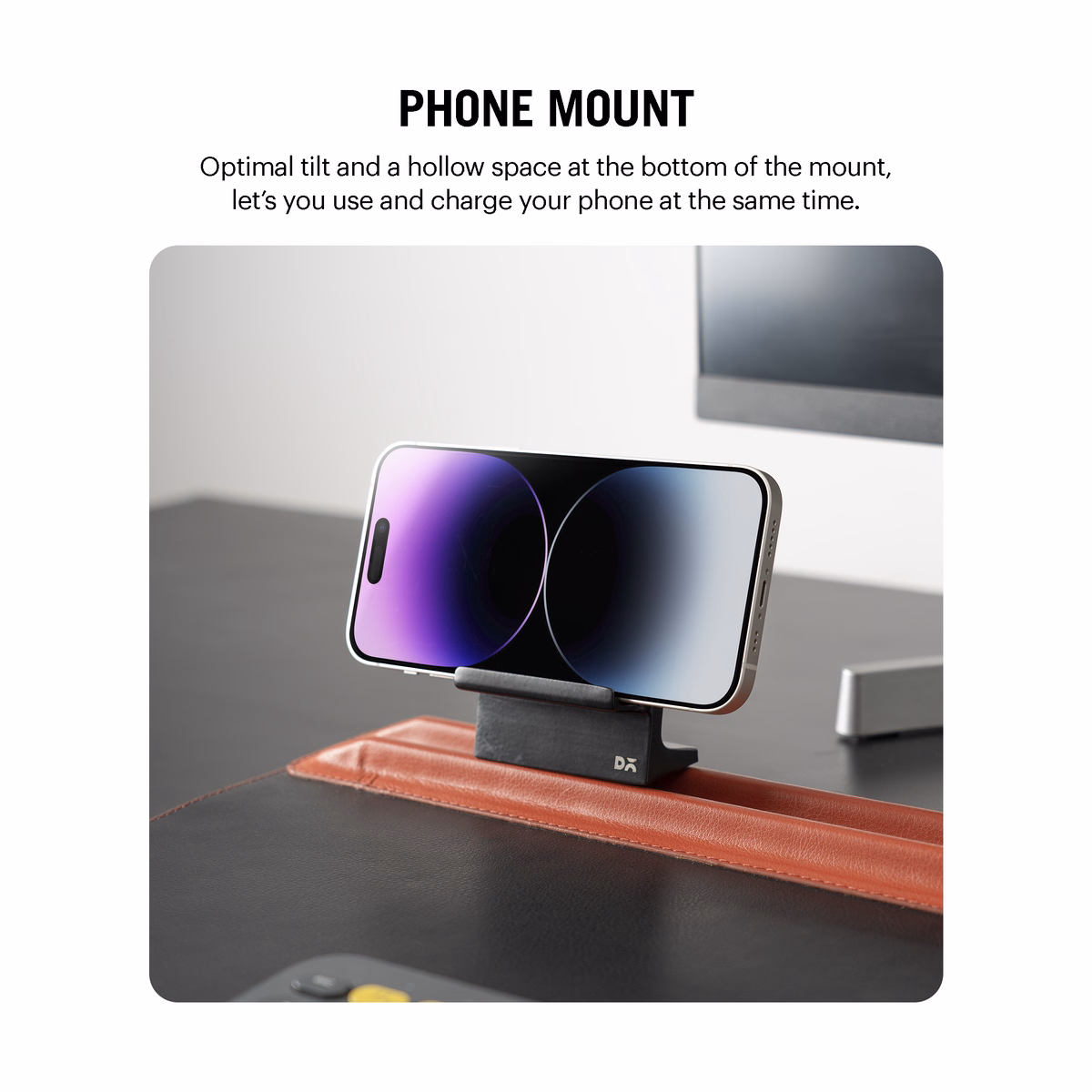 Red-Black Snap On Organiser Desk Mat with Cable Holder + Phone Mount + Apple Watch Charging Stand in Black – Close-up of Phone Mount with Phone | KlippiK