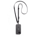 Black Leather Crossbody Phone Lanyard - Strap attached to a black phone case, shown hanging against a white background