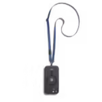 Blue Leatherite Crossbody Phone Lanyard - Strap attached to a black phone case, shown hanging against a white background