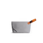 Light Grey Flash Pouch Bag — small zip pouch with a leather pull, shown on white