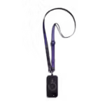 Purple Strobe Lanyards attached to a black phone case, shown hanging against a white background