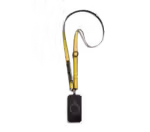 Yellow Strobe Lanyards attached to a black phone case, shown hanging against a white background