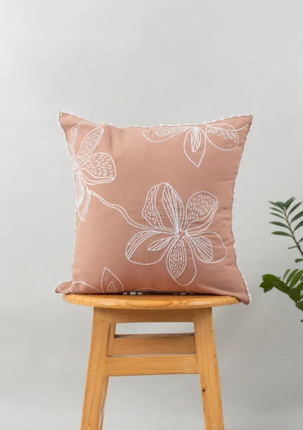 Yellow Dwelling Embrose Embroidered 100% Cotton floral Design Cushion Cover for Sofa – Rust