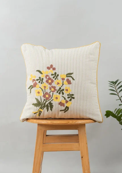 Yellow Dwelling Floret Embroidered Floral 100% Cotton Cushion Cover for Sofa - Multicolor