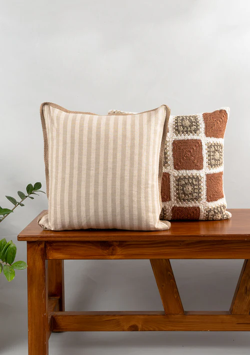 Yellow Dwelling Loom Linen Minimal Design Cushion Cover for Sofa - Beige - Image 3