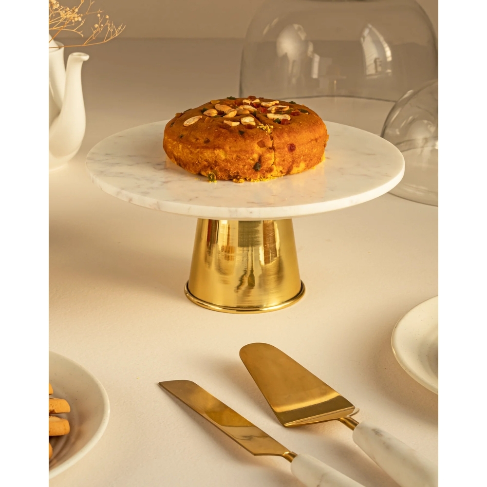 10 Marble Brass Cake Stand with Knife and Server Set
