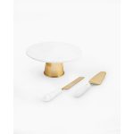 Marble Brass Cake Stand with Knife and Server Set
