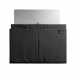 Front view of black laptop sleeve with MacBook standing inside | KlippiK Kuwait