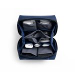 Blue Ripstop Vault Tech Organiser opened flat with chargers, AirPods and a mouse held in its elastic loops