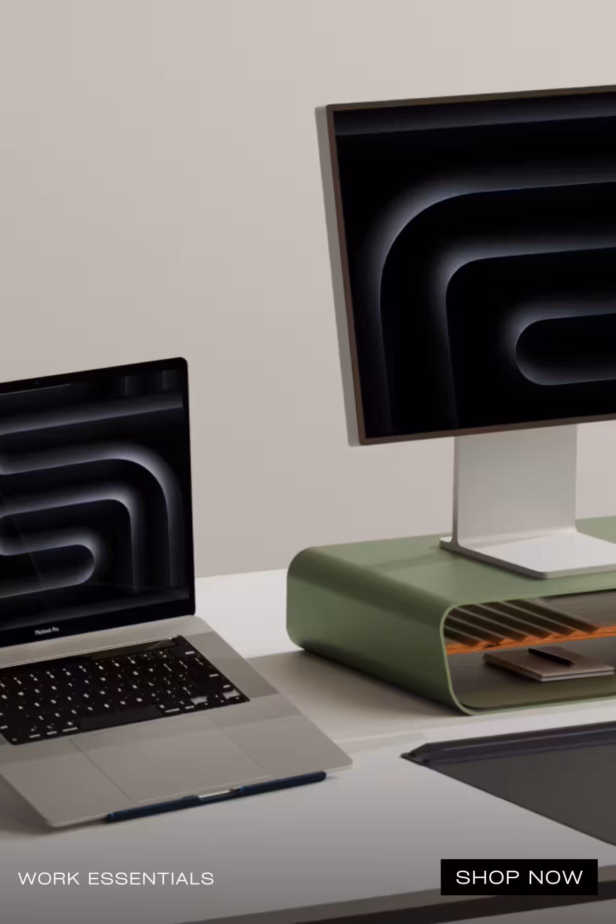 Online Shopping for Lifestyle and office Products 5 Work Essentials desk setup with MacBook stand, green monitor riser, desk mat, phone dock, pen holder and iPad stand