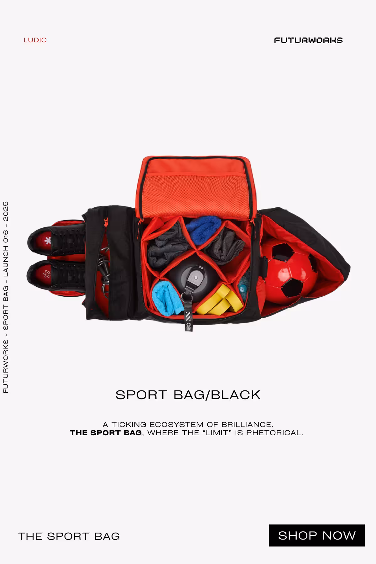 Online Shopping for Lifestyle and office Products 4 Futurworks Sport Bag flat lay overhead — red compartments packed with football, shoes, water bottle and resistance bands