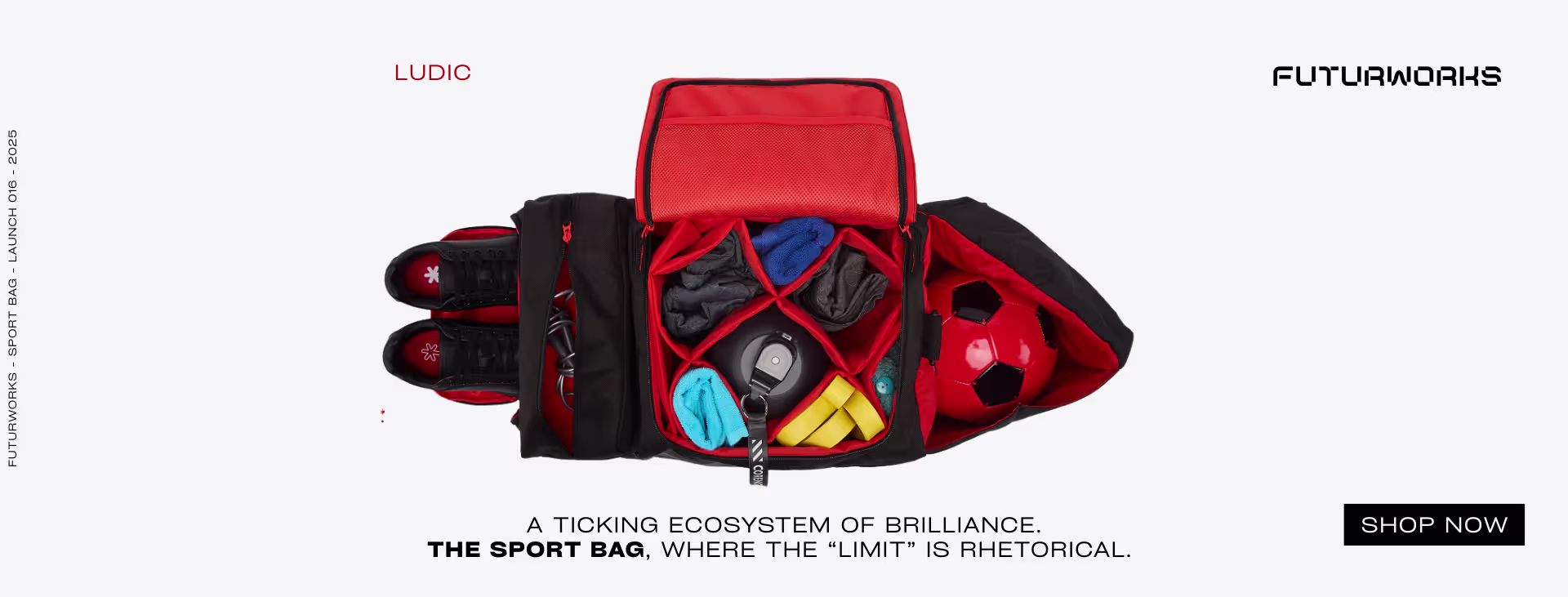 Online Shopping for Lifestyle and office Products 1 Futurworks Sport Bag flat lay overhead — red compartments packed with football, shoes, water bottle and resistance bands