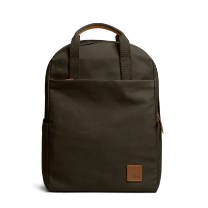 Clove Field Daypack — canvas daypack with a top handle and leather logo patch, shown on white