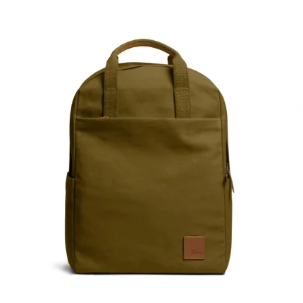 Olive Green Field Daypack — canvas daypack with a top handle and leather logo patch, shown on white