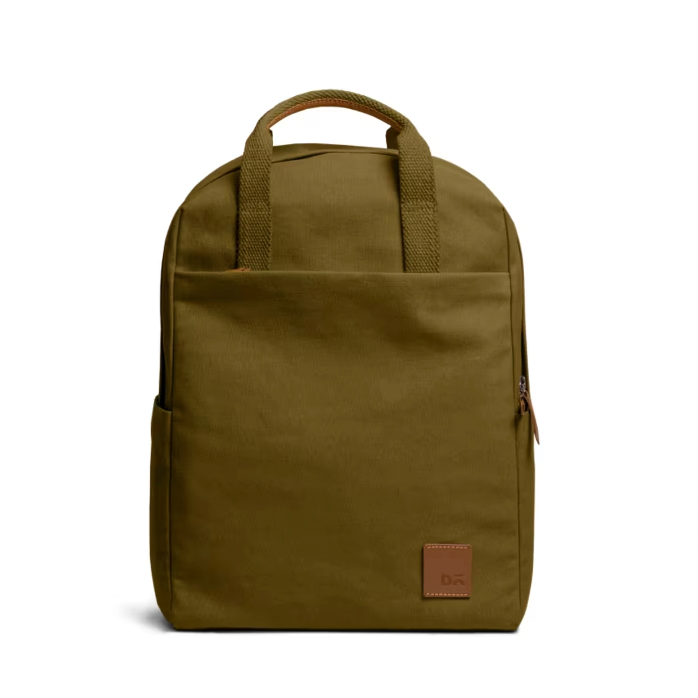 11_converted Olive Green Field Daypack — canvas daypack with a top handle and leather logo patch, shown on white