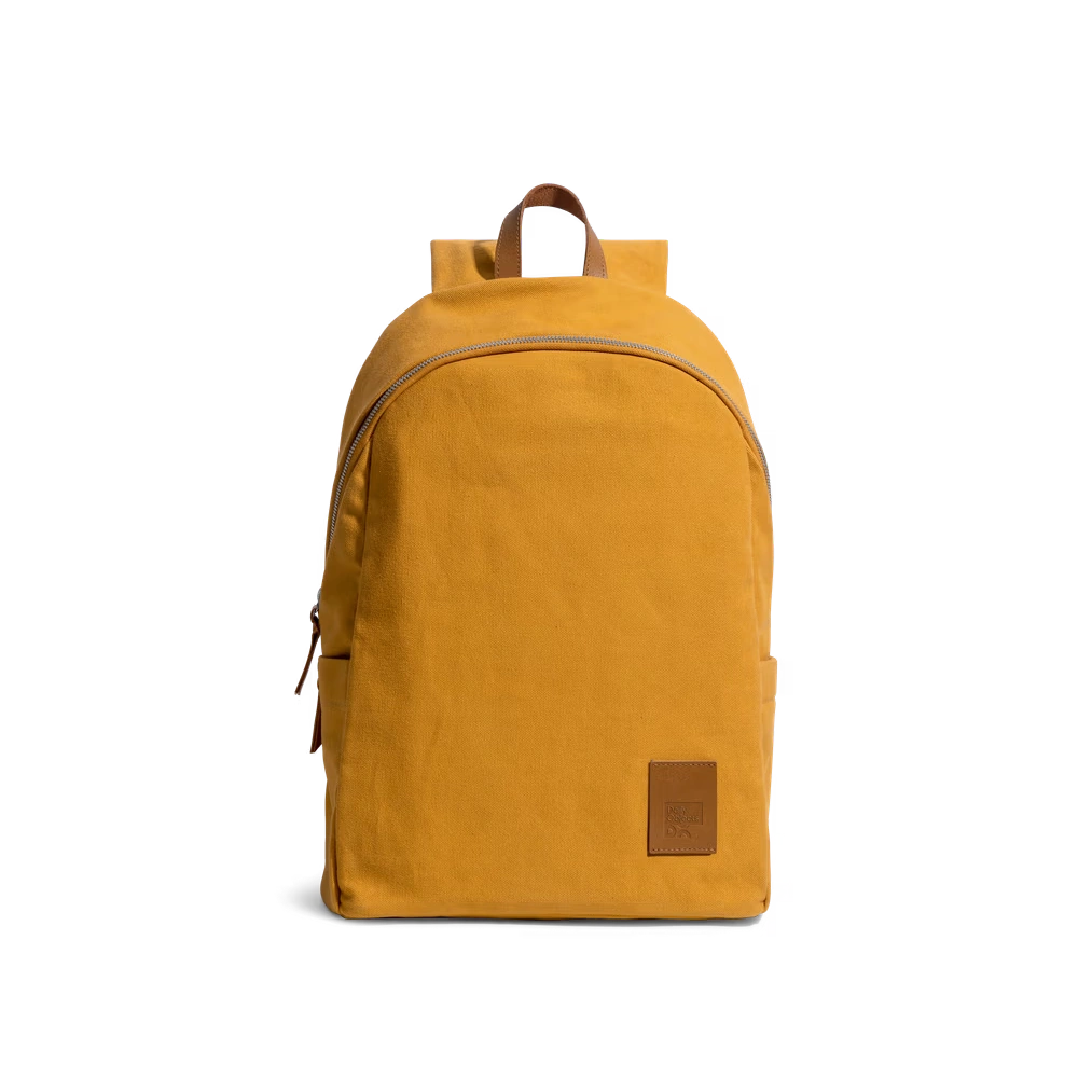 All-Mustard-Pedal-Daypack-vw Mustard Pedal Daypack by DailyObjects — front view, pure cotton canvas with leather trim
