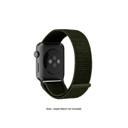 Army Green Nylon Apple Watch band fitted to an Apple Watch, shown on white — fits 42/44/45/49 mm cases, watch not included