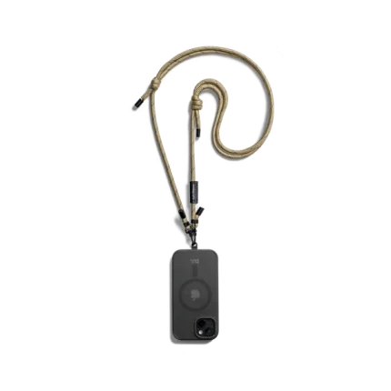 Beige Crossbody Phone Lanyard - Cord attached to a black phone case, shown hanging against a white background