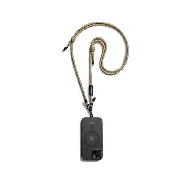 Beige-Crossbody-Phone-Lanyard-Cord Beige Crossbody Phone Lanyard - Cord attached to a black phone case, shown hanging against a white background