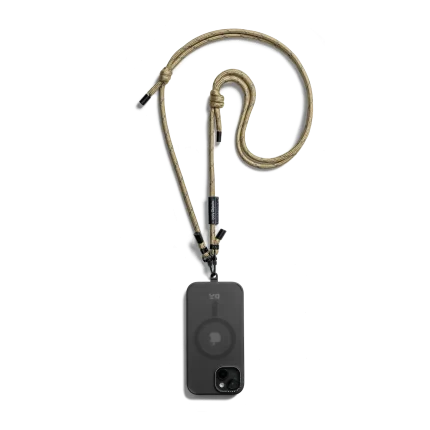 Beige Crossbody Phone Lanyard - Cord attached to a black phone case, shown hanging against a white background