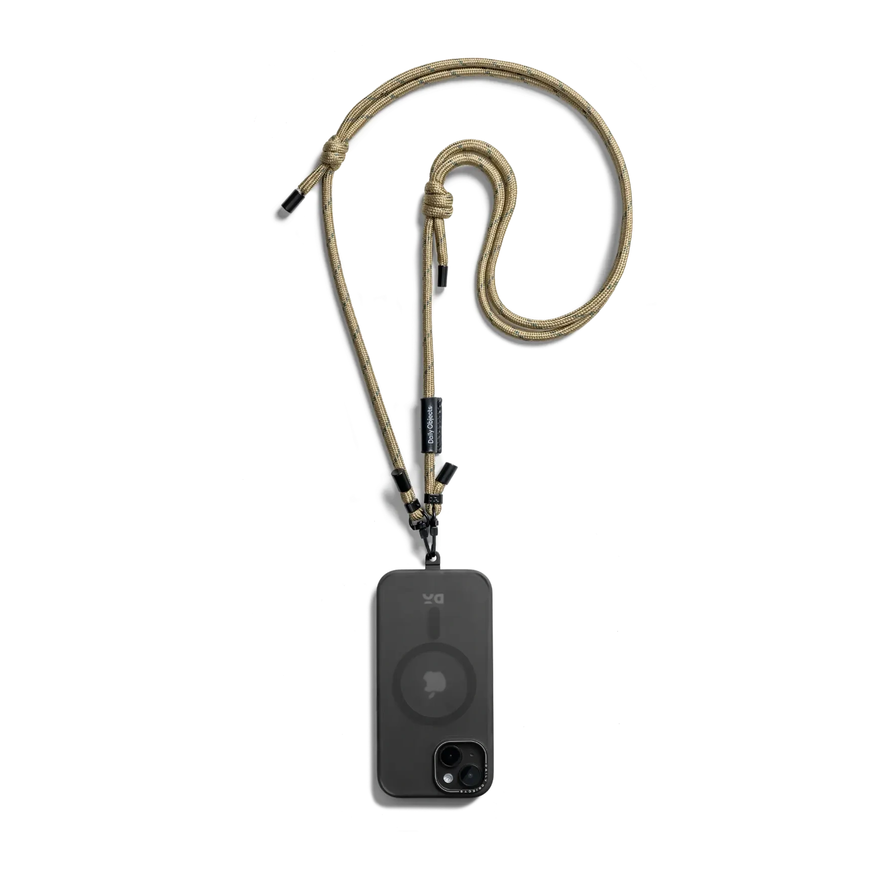 Beige Crossbody Phone Lanyard - Cord attached to a black phone case, shown hanging against a white background Beige Crossbody Phone Lanyard - Cord attached to a black phone case, shown hanging against a white background