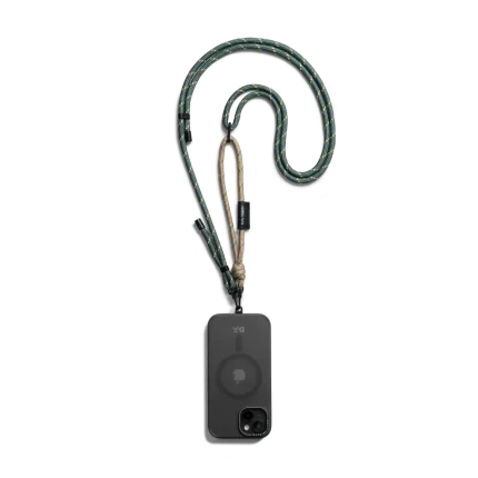Beige-Green Crossbody Phone Lanyard - Cord attached to a black phone case, shown hanging against a white background