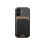 Black-Beige Leather MagSafe Card Wallet attached to the back of a black iPhone, shown on white